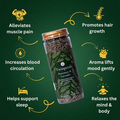 Rosemary Lavender tea key benefits – strengthens hair, promotes relaxation, reduces stress, and soothes the mind
