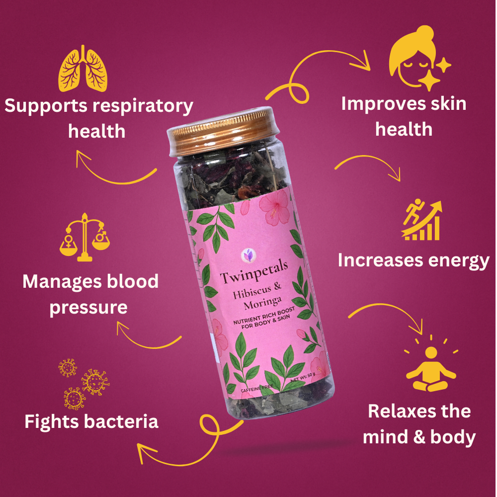 Hibiscus Moringa tea key benefits – iron support, glowing skin, natural detox, tangy herbal flavour