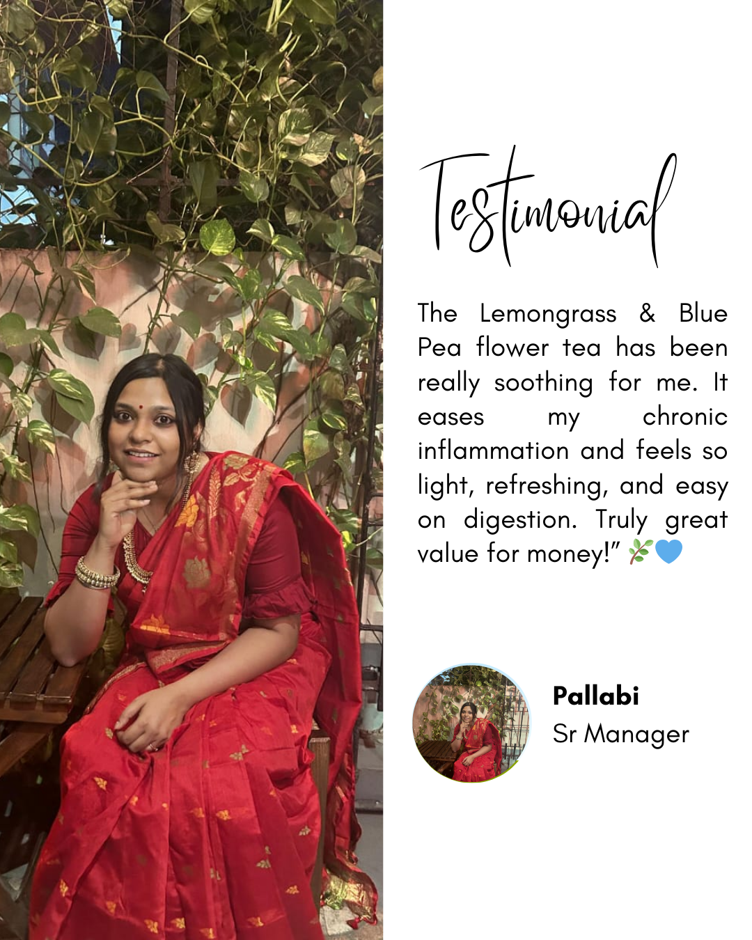 The Lemongrass & Blue Pea flower tea has been really soothing for me. It eases my chronic inflammation and feels so light, refreshing, and easy on digestion. Truly great value for money!” 🌿💙