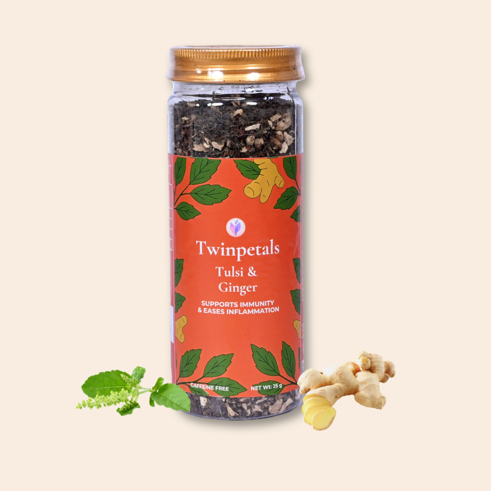 Twinpetals Tulsi Ginger Loose Tea – Caffeine-Free Wellness Blend