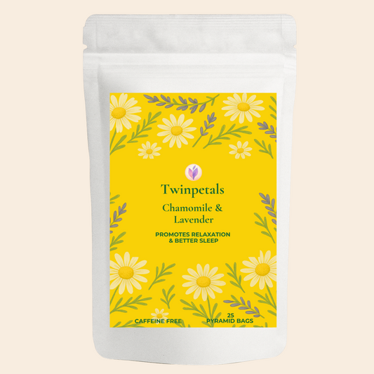Front packaging of Twinpetals Chamomile & Lavender Tea – a calming herbal tea blend promoting better sleep and relaxation, adorned with soft chamomile and lavender artwork on a yellow label