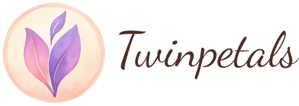 Logo of Twinpetals Flower Tea with pink and purple leaves on a beige background