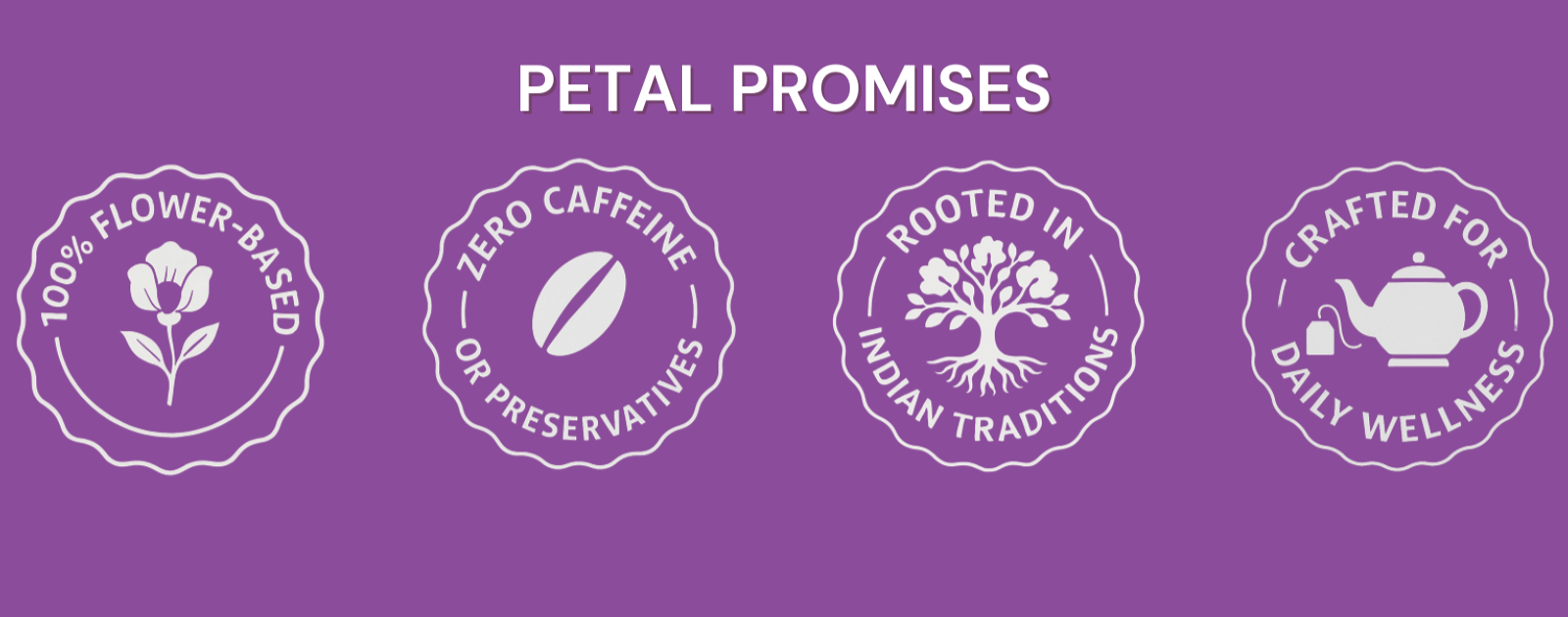 Petal Promises icons for 100% flower-based, caffeine-free, rooted in traditions, and daily wellness